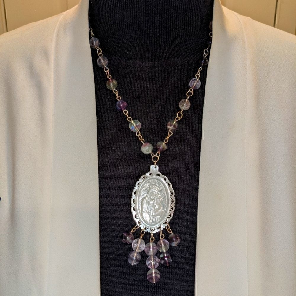 Handmade Mother of Pearl Fluorite Saint Necklace